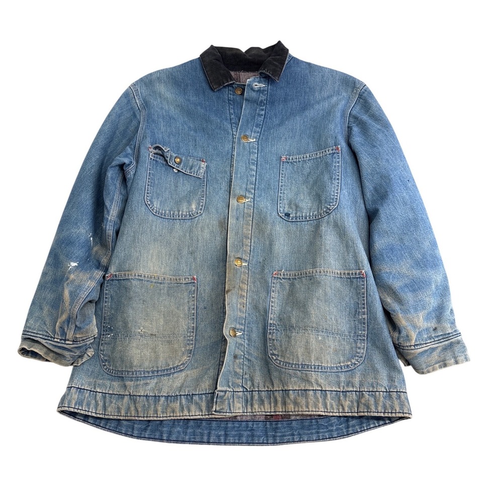 Vintage Sears Work Leisure Denim Chore Coat Blanket Lined Blue Distressed XLT